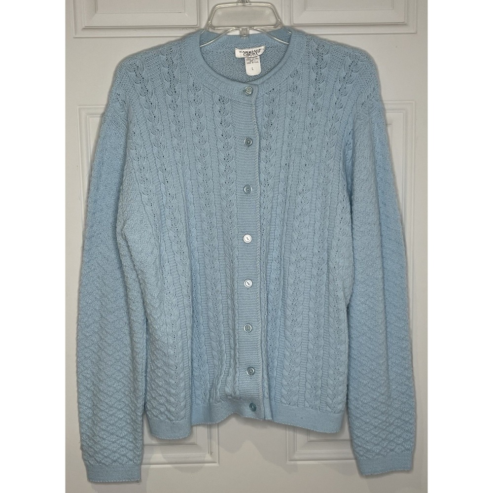 Vintage Carriage Court Blue Cardigan Sweater Women's L Cableknit USA Grandmacore